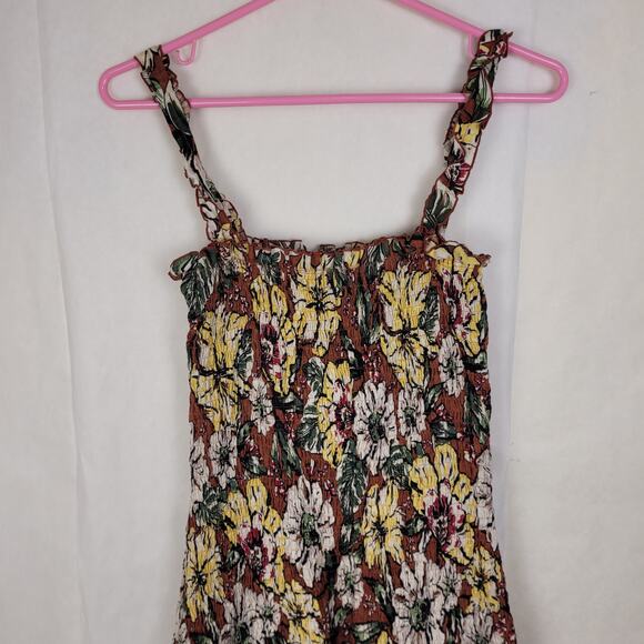 Faithful the Brand brown and yellow floral smocked ruffle hem linen dress Size 4 - Picture 6 of 13